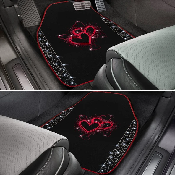 Romantik Kalp Desenli Kadınlara Özel Taşlı Lüks Oto Paspas Takımı - Kırmızı Nakışlı Lüks Araç Paspas - Resim 6