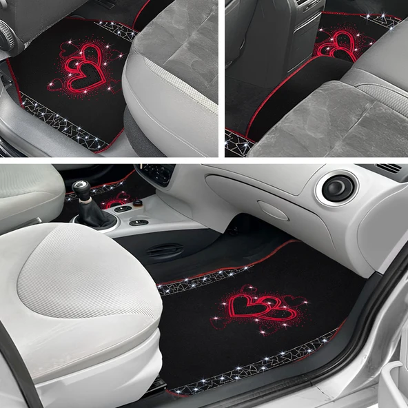 Romantik Kalp Desenli Kadınlara Özel Taşlı Lüks Oto Paspas Takımı - Kırmızı Nakışlı Lüks Araç Paspas - Resim 3