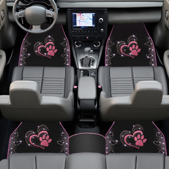 Kadınlara Özel Nakış İşlemeli Taşlı Kalp ve Köpek Pati Desenli Oto Paspas Seti - Şık ve Dayanıklı - Resim 2