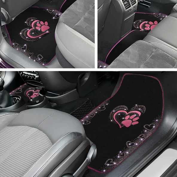 Kadınlara Özel Nakış İşlemeli Taşlı Kalp ve Köpek Pati Desenli Oto Paspas Seti - Şık ve Dayanıklı - Resim 3