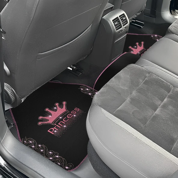 Işıltıya Hazır Ol, Bu Yol Senin! Pembe Taşlı Prenses Taç Desenli 5’li Nakışlı Oto Halı Paspas Seti - Resim 5