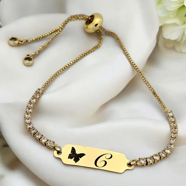 14 Ayar Altın Plakalı Harfe Özel Altın Renkli Zincirli Kelebek Figürlü Beyaz Taş Desenli Hediye Bileklik-644 ürün görseli