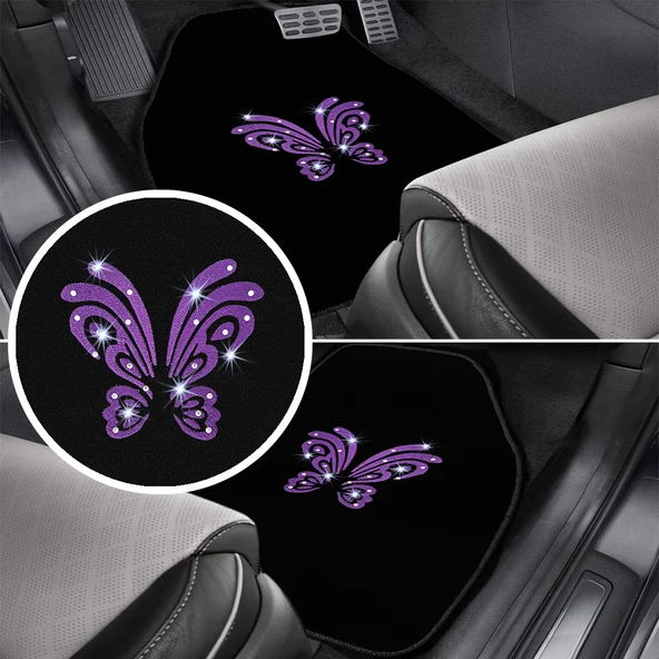 Kadın Sürücülere Özel: Mor Kelebek Zarafeti & Taşlı Siyah Oto Halı Paspas Seti - 5 Parça Nakışlı ürün görseli