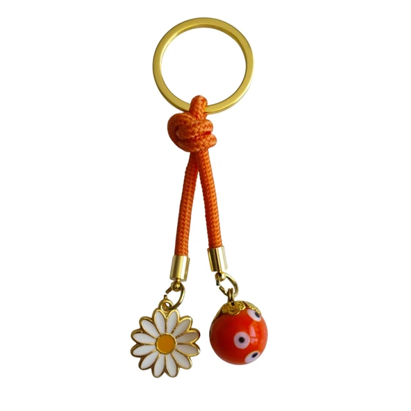 Turuncu Toplu Papatyalı İp Anahtarlık