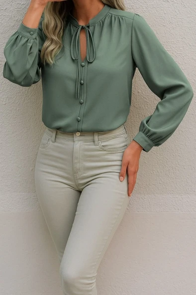 Kadın Uzun Kollu Yakalı Yakadan Bağcıklı Düğmeli Sandy Bluz - 4