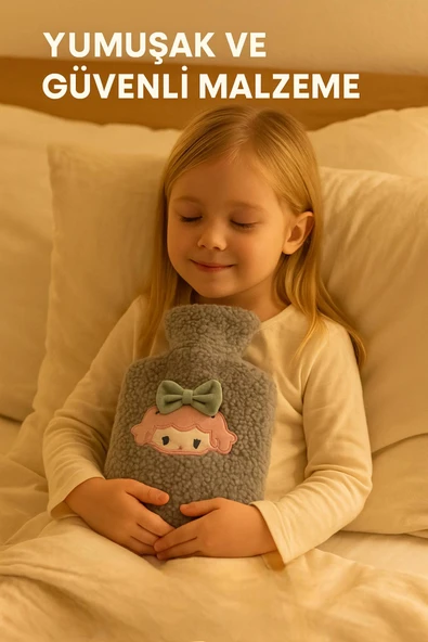 Gri Peluş Sıcak Su Torbası – Yumuşak, Güvenli ve Şık Saçlı Kız Model, 1 Litre - 5