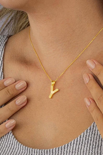 Gümüş Pazarım Altın Kaplama Y Harfli Kadın 925 Ayar Gümüş Kolye - Resim 3