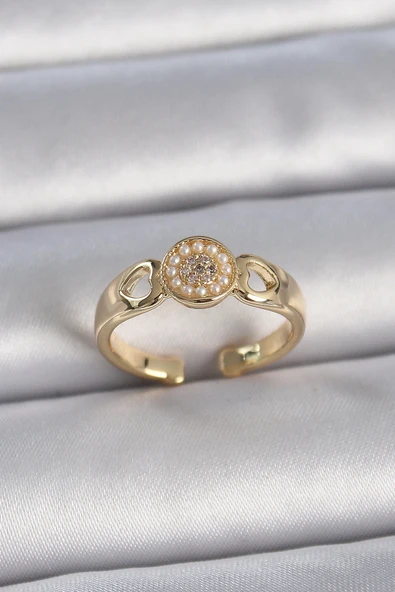 pilelistore Pirinç Gold Renk Zirkon Taşlı İncili Kalp İşleme Detay Ayarlanabilir Kadın Yüzük - TJ-BYK3358
