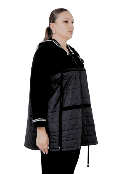 Kadın Büyük Beden Siyah Çiçek Motifli Rüzgarlık İnce Ceket - 2