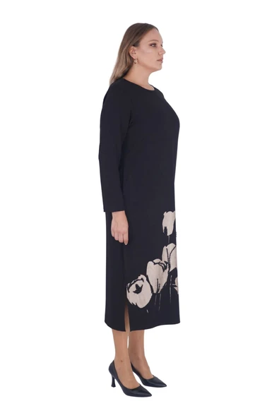 Kadın Büyük Beden Siyah Uzun Kollu Pamuk Uzun Elbise - Resim 2