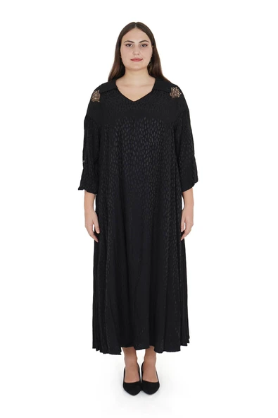 Kadın Büyük Beden Siyah Tül Dantel File Detay İpek Görünümlü Uzun Elbise ürün görseli