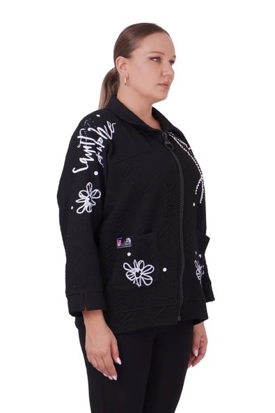 Kadın Büyük Beden Siyah Üç İplik Kalın Kışlık Ceket - 2