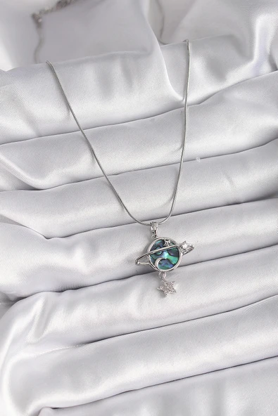 pilelistore 316L Çelik Gümüş Renk Zincir Zirkon Taşlı Gezegen Model Kadın Kolye - TJ-BKO9478 - 2