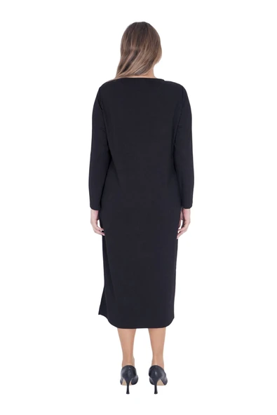 Kadın Büyük Beden Siyah Uzun Kollu Pamuk Uzun Elbise - Resim 3