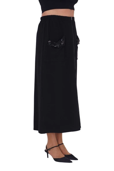 Kadın Büyük Beden Siyah Dokuma Cepli Şık Battal Etek - Resim 3