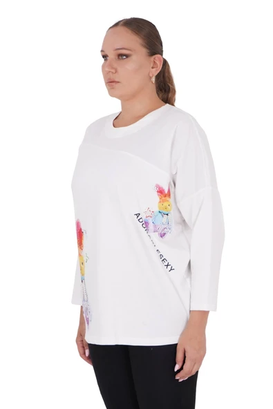 Kadın Büyük Beden Tavşanlı Beyaz Bluz - Resim 2