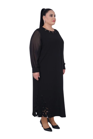 Kadın Büyük Beden Delikli Nakışlı Tül Detaylı Uzun Elbise Ekstra Battal - Resim 2