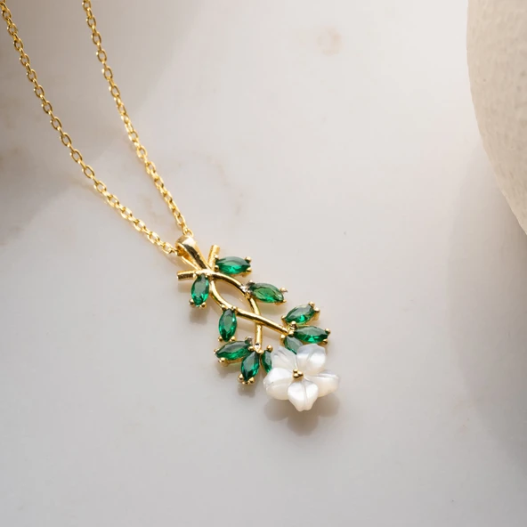 Vaoov 925 Ayar Gümüş Sedef Çiçekli Yeşil Taşlı Kolye ürün görseli