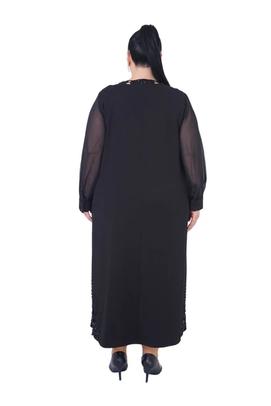 Kadın Büyük Beden Delikli Nakışlı Tül Detaylı Uzun Elbise Ekstra Battal - Resim 3