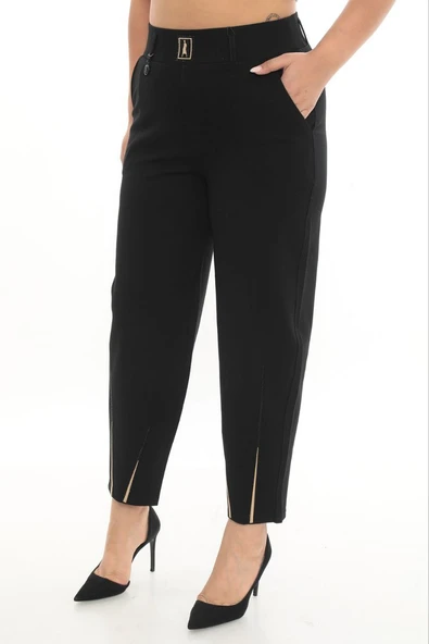 Büyük Beden Kadın Mom Fit Paçası Taş Detaylı Pantolon