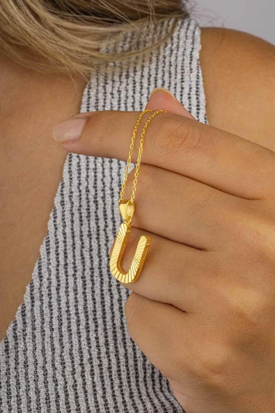 Gümüş Pazarım Altın Kaplama U Harfli Kadın 925 Ayar Gümüş Kolye ürün görseli 1