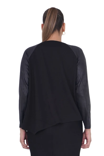 Kadın Büyük Beden Siyah Deri Görünümlü Salaş Bluz - Resim 3