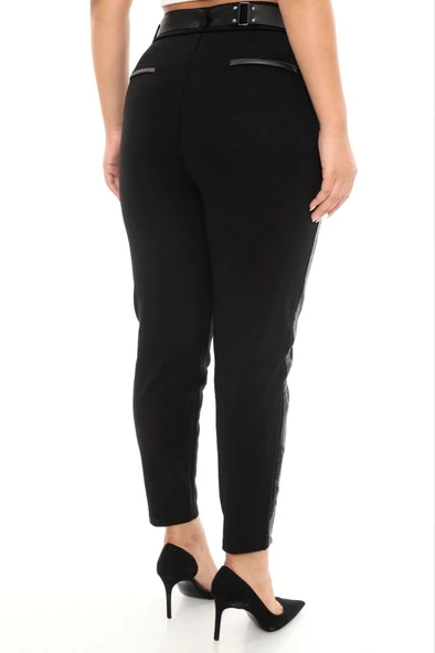 Büyük Beden Kadın Dar Paça Deri Şeritli Beli Lastikli Ekstra Battal Toparlayıcı Pantolon - 3