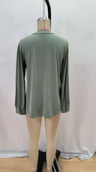 Kadın Uzun Kollu Yakalı Yakadan Bağcıklı Düğmeli Sandy Bluz - 6