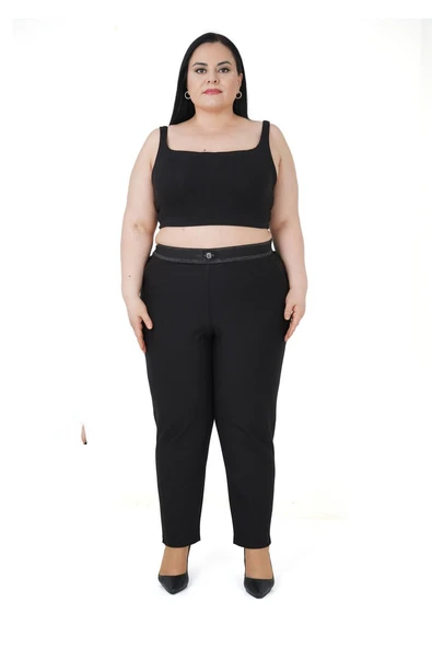 Kadın Büyük Beden Boru Paça Toparlayıcı Yüksek Bel Siyah Ekstra Battal Pantalon
