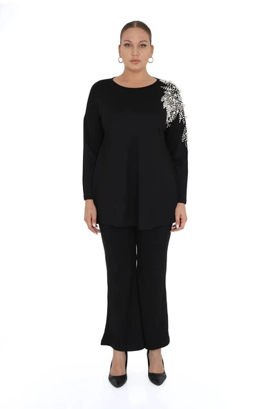 Kadın Büyük Beden Siyah İnci Detaylı Alt Üst İkili Takım ürün görseli