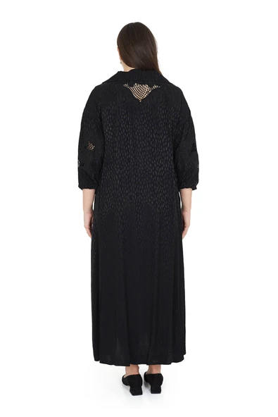 Kadın Büyük Beden Siyah Tül Dantel File Detay İpek Görünümlü Uzun Elbise - Resim 3