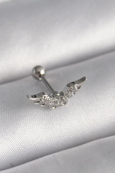 pilelistore 316L Çelik Gümüş Renk Zirkon Taş Detay Kanat Model Tragus Piercing - TJ-PR1291