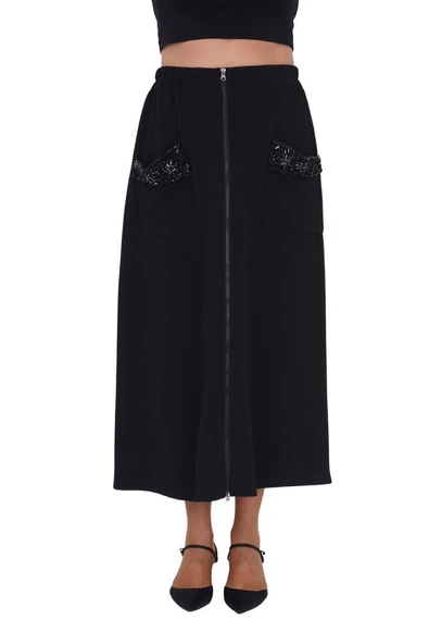 Kadın Büyük Beden Siyah Dokuma Cepli Şık Battal Etek - Resim 2