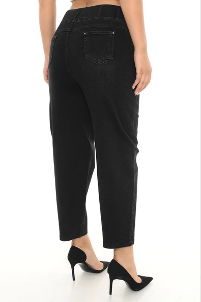 ZANESSI 53159 Büyük Beden Ekstra Battal Mom Fit Paça Taş Detaylı Yüksek Bel Lastikli Kadın Pantolon - Resim 3