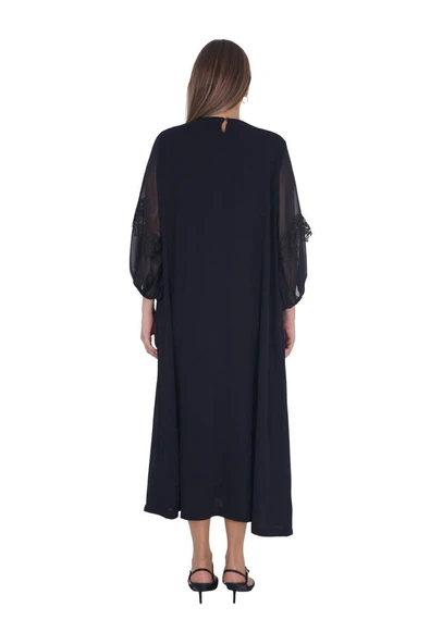 Kadın Büyük Beden Siyah Tül Detay Çiçek Motifli Uzun Kollu Uzun Elbise - Resim 3