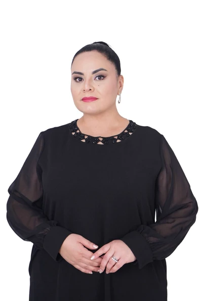 Kadın Büyük Beden Delikli Nakışlı Tül Detaylı Uzun Elbise Ekstra Battal - Resim 4