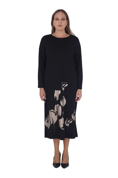 Kadın Büyük Beden Siyah Uzun Kollu Pamuk Uzun Elbise ürün görseli