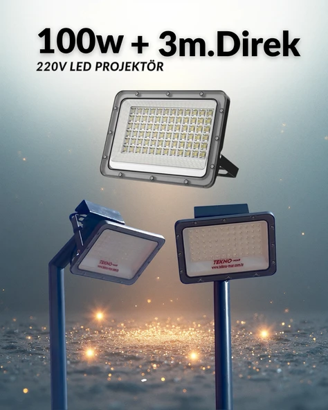 Aydınlatma Direği 100W Led Projektör 220v + 3m. Montaja Hazır Sokak Aydınlatma Lamba Direği