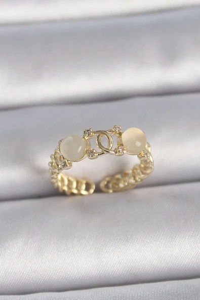 pilelistore Pirinç Gold Renk Ayarlanabilir Zirkon Taşlı Beyaz Mineli Birleşik Halka Model Kadın Yüzük - TJ-BYK3402