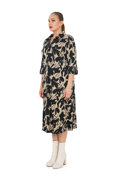 Kadın Büyük Beden Desenli  Triko Uzun Elbise - Resim 2