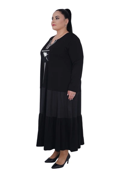 Kadın Büyük Beden Salaş Siyah Uzun Oversize Elbise - 2