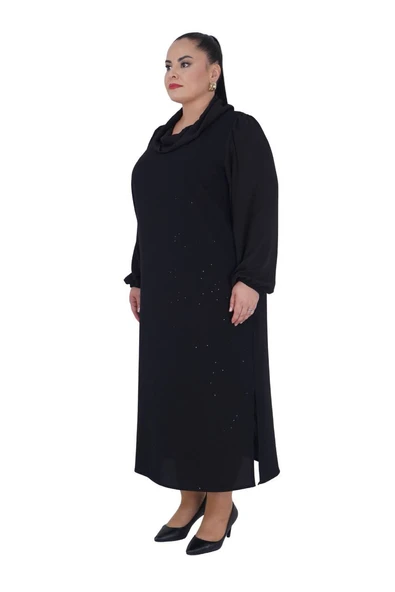 Kadın Büyük Beden Salaş Şık Siyah Uzun Elbise - 2