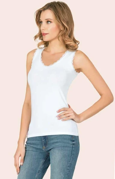 6 Adet Anıt Bayan Dantelli V Yaka Kolsuz Atlet 2175 - Resim 2