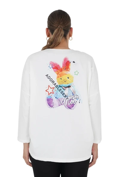 Kadın Büyük Beden Tavşanlı Beyaz Bluz - Resim 3