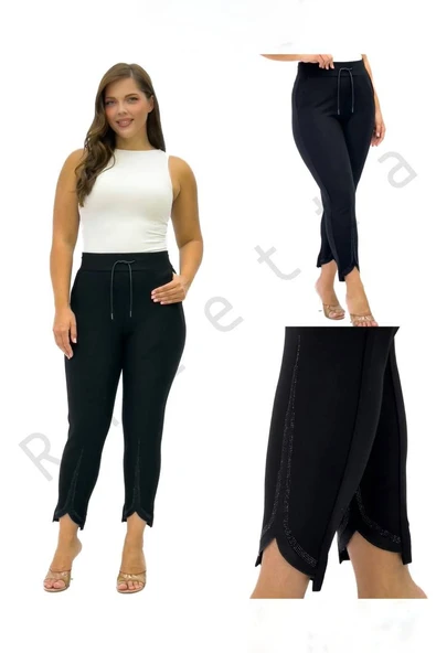 Büyük Beden Toparlayıcı Dar Paça Beli Lastikli Paça Taş Detaylı Kadın Pantolon - Resim 5