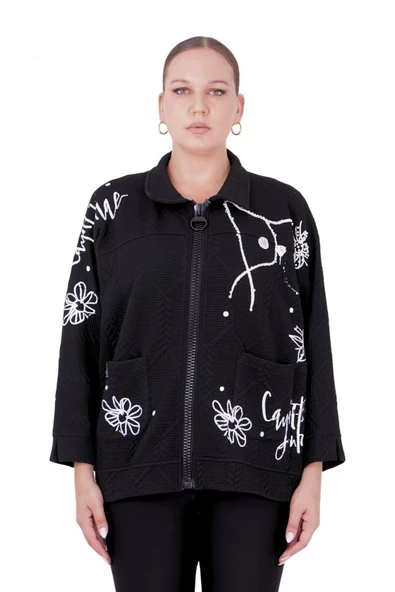 Kadın Büyük Beden Siyah Üç İplik Kalın Kışlık Ceket