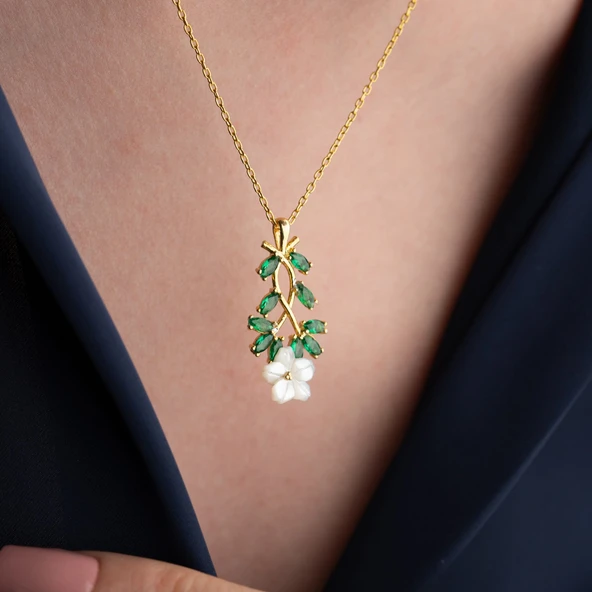 Vaoov 925 Ayar Gümüş Sedef Çiçekli Yeşil Taşlı Kolye - Resim 2