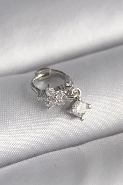 pilelistore 316L Çelik Gümüş Renk Zirkon Taşlı Çiçek Model Sallantı Detay Tragus Piercing - TJ-PR1311