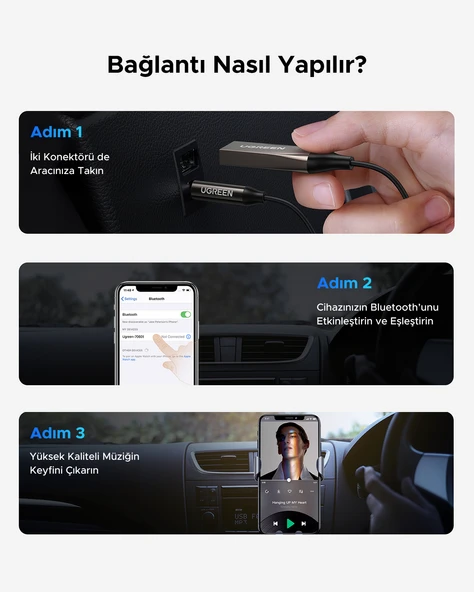 UGREEN USB 2.0 to 3.5mm Mikrofonlu Bluetooth 5.0 Araç Kiti, 70601 - 4