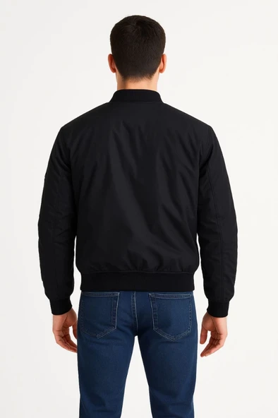 Erkek Içi Astarlı Fermuarlı Bomber Mont Ceket - Siyah - 3